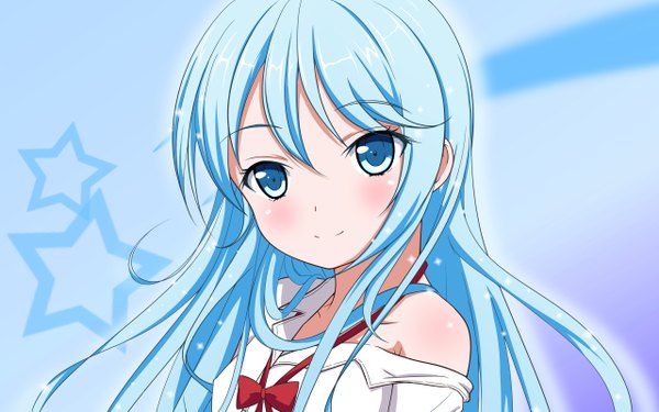 Anime picture 2560x1600 with denpa onna to seishun otoko shaft (studio) touwa erio single long hair highres blue eyes smile wide image blue hair girl bowtie star (symbol)