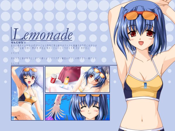 Anime picture 1280x960 with mizuiro shindou mutsuki blush short hair light erotic blue hair inscription blue background arms behind head girl navel swimsuit sunglasses