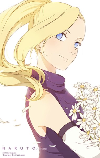 Anime picture 508x800 with naruto studio pierrot naruto (series) yamanaka ino drawing lee single long hair tall image blonde hair simple background smile standing white background ponytail close-up girl flower (flowers) detached sleeves earrings petals