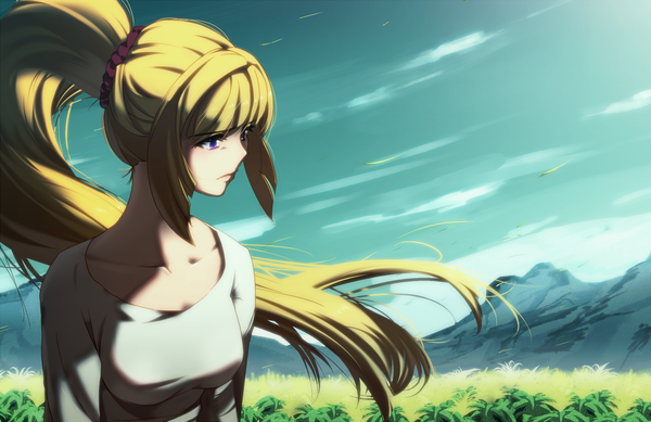 Anime picture 1274x826 with mobile suit gundam gundam tekketsu no orphans sunrise (studio) kudelia aina bernstein tan'ichi (rocky13) single fringe breasts blonde hair purple eyes payot looking away sky upper body outdoors ponytail blunt bangs very long hair wind sunlight