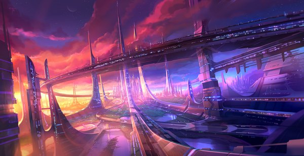 Anime picture 2222x1141 with original antifan-real highres wide image sky cloud (clouds) city evening sunset cityscape no people fantasy city lights lake building (buildings) moon bridge skyscraper