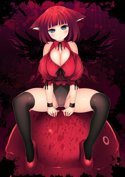 Anime picture 724x1023 with original kinoshita ichi single tall image looking at viewer blush short hair breasts blue eyes light erotic large breasts bare shoulders animal ears red hair girl thighhighs black thighhighs