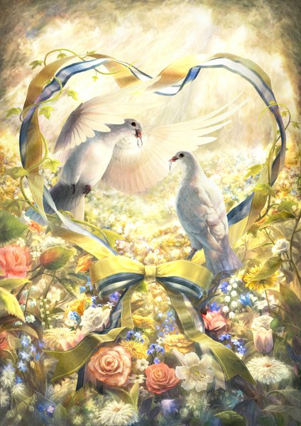 Anime picture 1240x1754 with original ag+ (artist) tall image flower (flowers) ribbon (ribbons) plant (plants) animal heart bird (birds) rose (roses) ring pigeon