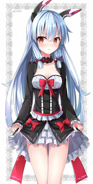 Anime picture 866x1700 with kantai collection murakumo destroyer rin yuu single long hair tall image blush fringe red eyes blue hair looking away lolita fashion tress ribbon goth-loli girl dress hair ornament bow ribbon (ribbons) hair ribbon