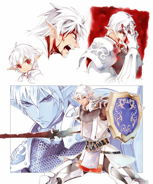 Anime picture 905x1085 with final fantasy final fantasy xi square enix elvaan buront sumi keiichi tall image short hair red eyes white hair pointy ears multiview zoom layer angry boy gloves weapon sword belt armor