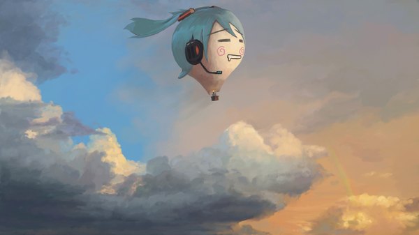 Anime picture 1920x1080 with vocaloid hatsune miku tgvart blush highres wide image twintails sky cloud (clouds) aqua hair landscape humor girl headphones aircraft hot air balloons