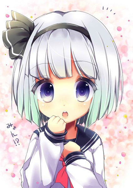 Anime picture 1018x1440 with touhou konpaku youmu uta (kuroneko) single tall image looking at viewer blush short hair open mouth blue eyes white background white hair inscription shiny skin hand on chest portrait hand on face surprised girl uniform