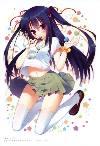 Anime picture 2406x3475 with original sazaki ichiri single long hair tall image blush highres smile red eyes blue hair scan zettai ryouiki girl thighhighs skirt navel uniform ribbon (ribbons) hair ribbon school uniform