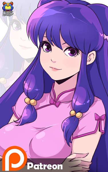 Anime picture 567x900 with ranma 1/2 shampoo (ranma 1/2) kyoffie12 single long hair tall image looking at viewer fringe breasts large breasts purple eyes purple hair upper body light smile short sleeves girl