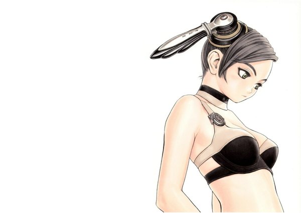 Anime picture 1800x1280 with range murata single highres short hair breasts light erotic simple background white background bare shoulders green eyes looking away upper body grey hair underwear only looking down third-party edit frown extended girl hair ornament
