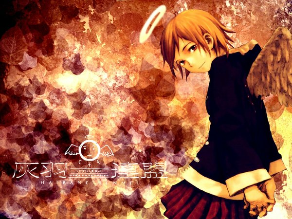 Anime picture 1024x768 with haibane renmei rakka (haibane) abe yoshitoshi hikari-sakurai single short hair smile brown hair brown eyes pleated skirt hands behind back third-party edit interlocked fingers girl skirt shirt wings halo red skirt