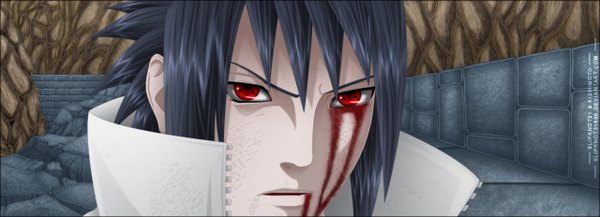 Anime picture 1280x464 with naruto studio pierrot naruto (series) uchiha sasuke slipknot31 single short hair open mouth black hair red eyes wide image coloring portrait face sharingan boy blood