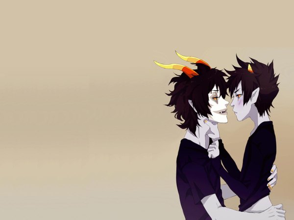 Anime picture 1503x1127 with homestuck karkat vantas gamzee makara mookie000 blush short hair open mouth black hair smile nail polish profile horn (horns) pointy ears teeth hug face to face shounen ai sharp teeth demon demon boy