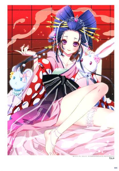 Anime picture 2446x3500 with original kamiya maneki long hair tall image looking at viewer highres purple eyes blue hair traditional clothes japanese clothes scan legs smoking girl hair ornament kimono