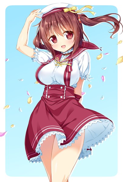 Anime picture 1181x1748 with himouto! umaru-chan doga kobo ebina nana ichi makoto single long hair tall image looking at viewer blush breasts open mouth simple background smile red eyes brown hair large breasts twintails wind arm behind back sailor collar
