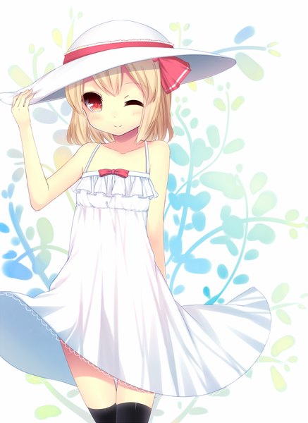 Anime picture 656x900 with touhou rumia kaoru (rena12345) single tall image looking at viewer blush fringe short hair blonde hair smile red eyes standing bare shoulders one eye closed wink zettai ryouiki thigh gap flat chest arm behind back