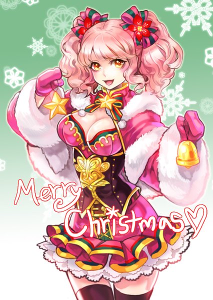 Anime picture 900x1267 with original bbbox (hotpppink) single tall image looking at viewer short hair breasts open mouth smile yellow eyes pink hair cleavage inscription christmas makeup merry christmas girl thighhighs dress bow