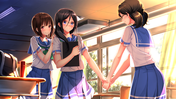 Anime picture 1920x1080 with hibike! euphonium kyoto animation tanaka asuka nakaseko kaori ogasawara haruka swordsouls long hair blush highres short hair blue eyes black hair red eyes brown hair wide image multiple girls eyes closed girl skirt uniform