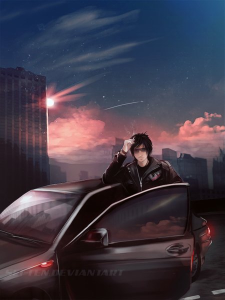 Anime picture 1123x1497 with original sei-ten tall image short hair sky cloud (clouds) sunlight reflection scenic smoking boy jacket building (buildings) sunglasses ground vehicle cigarette car skyscraper