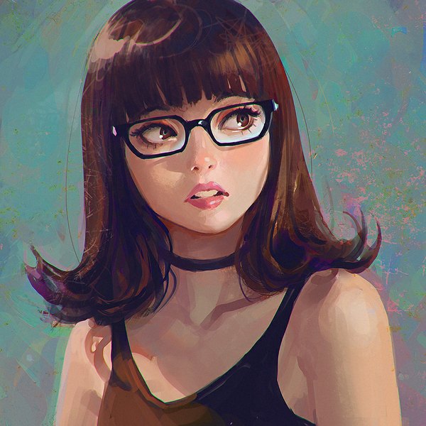 Anime picture 900x900 with original ilya kuvshinov single long hair fringe simple background brown hair bare shoulders brown eyes looking away parted lips lips realistic teeth portrait girl choker glasses