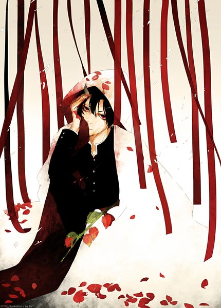 Anime picture 818x1141 with original re (artist) single tall image looking at viewer short hair black hair red eyes horn (horns) boy ribbon (ribbons) petals hood suit