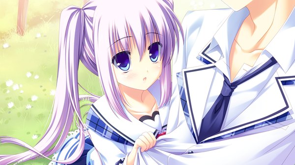 Anime picture 1024x576 with strawberry nauts kusunoki yao matsushita makako long hair blush open mouth blue eyes wide image twintails game cg purple hair loli girl boy uniform school uniform