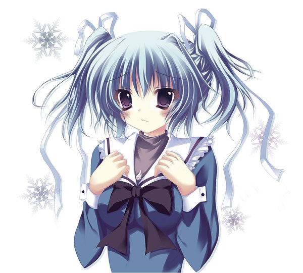 Anime picture 1060x957 with mashiroiro symphony uryuu sakuno s black (artist) single short hair twintails blue hair black eyes short twintails girl bow ribbon (ribbons) serafuku snowflake (snowflakes)