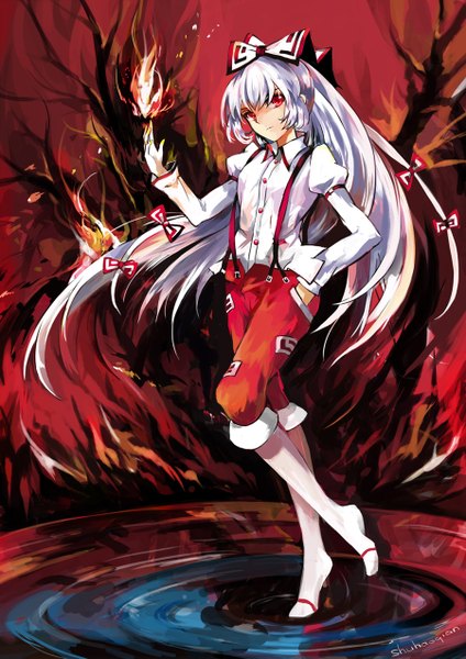 Anime picture 900x1273 with touhou fujiwara no mokou shuhaoqian single long hair tall image red eyes signed looking away white hair hand in pocket girl bow plant (plants) hair bow tree (trees) water suspenders flame
