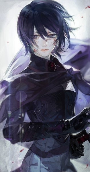 Anime picture 614x1170 with original pixiv fantasia pixiv fantasia fallen kings nishihara isao single tall image looking at viewer fringe short hair hair between eyes purple eyes holding purple hair parted lips lips tears blood on face gloves weapon sword