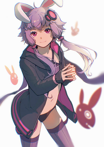 Anime picture 1736x2456 with vocaloid yuzuki yukari tsukun112 single long hair tall image looking at viewer highres light erotic purple eyes twintails animal ears purple hair open clothes bunny ears low twintails girl thighhighs hair ornament underwear