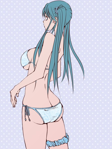 Anime picture 1200x1600 with vocaloid hatsune miku suzuma10 single long hair tall image looking at viewer breasts blue eyes light erotic large breasts twintails ass profile aqua hair grey background girl swimsuit bikini garter (garters)
