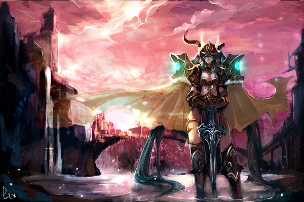Anime picture 1200x797 with world of warcraft vocaloid blizzard entertainment hatsune miku zhuxiao517 long hair twintails green eyes cloud (clouds) horn (horns) aqua hair glowing glowing eye (eyes) waterfall girl weapon sword wings water cloak