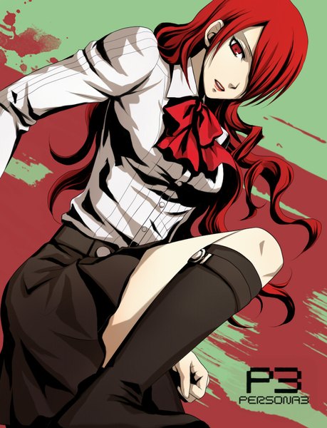 Anime picture 768x1003 with persona 3 persona kirijou mitsuru hitoha single long hair tall image looking at viewer fringe open mouth red eyes red hair hair over one eye inscription from below copyright name girl shirt knee boots