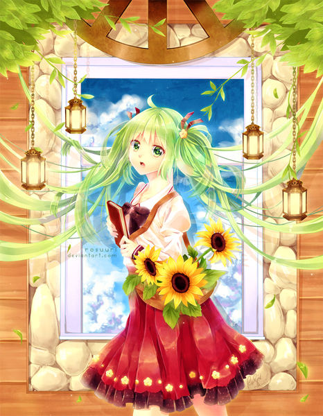Anime picture 900x1157 with vocaloid hatsune miku rosuuri single long hair tall image open mouth twintails green eyes green hair girl dress flower (flowers) ribbon (ribbons) hair ribbon window book (books) sundress lantern sunflower