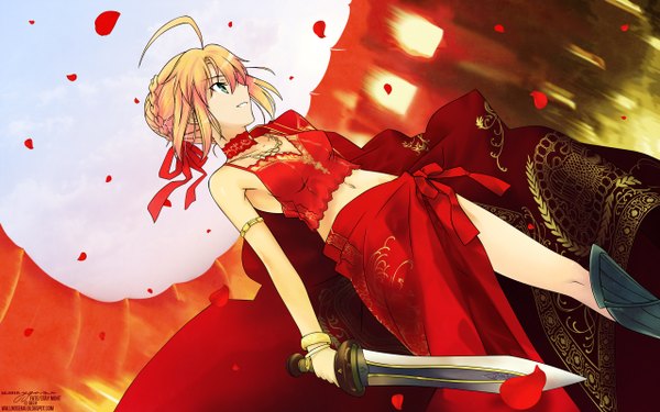 Anime picture 2560x1600 with fate (series) fate/stay night studio deen type-moon artoria pendragon (all) saber takeuchi takashi highres blonde hair wide image green eyes official art girl ribbon (ribbons) weapon hair ribbon petals sword collar