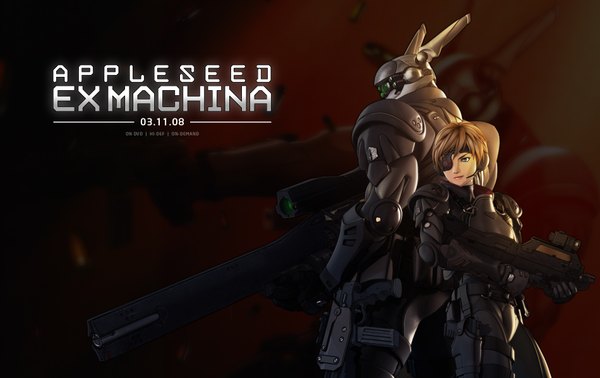 Anime picture 1900x1200 with appleseed appleseed exmachina deunan knute briareos hecatonchires highres short hair blue eyes blonde hair inscription back to back bandage over one eye girl armor eyepatch helmet huge weapon robot