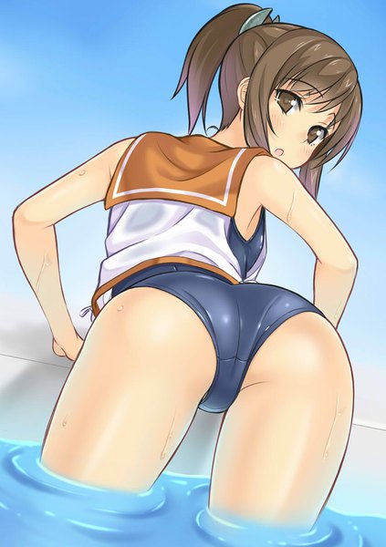 Anime picture 1200x1700 with kantai collection i-401 aircraft carrying submarine violet sit single tall image looking at viewer blush short hair light erotic brown hair brown eyes ass looking back :o wet girl swimsuit water one-piece swimsuit sailor suit