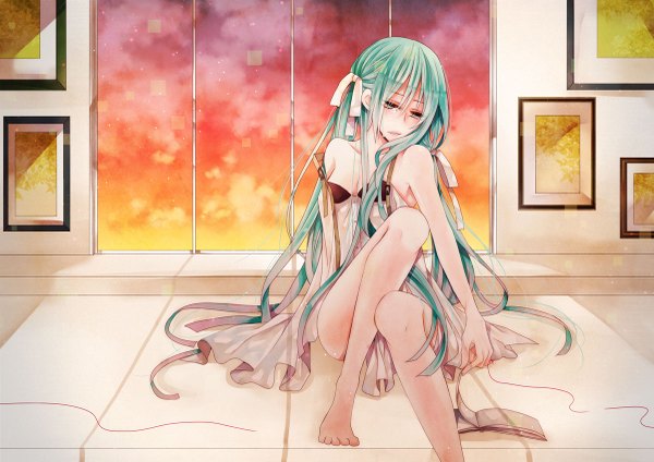 Anime picture 1200x849 with vocaloid hatsune miku mizuyu single long hair open mouth bare shoulders brown eyes very long hair barefoot aqua hair legs framed girl dress ribbon (ribbons) hair ribbon