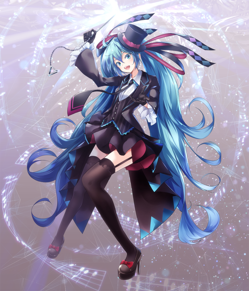 Anime picture 1031x1200 with vocaloid hatsune miku ajigo single tall image looking at viewer fringe open mouth smile hair between eyes twintails holding full body ahoge very long hair head tilt arm up aqua eyes aqua hair teeth