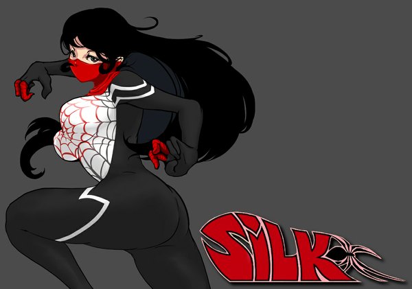 Anime picture 1080x758 with marvel comics silk (marvel comics) trombe single long hair looking at viewer fringe breasts light erotic black hair simple background ass looking back black eyes inscription grey background character names girl bodysuit mask