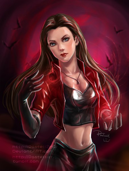 Anime picture 1053x1395 with marvel comics avengers scarlet witch (avengers) pastellzhq single long hair tall image blue eyes brown hair signed cleavage aqua eyes open clothes open jacket midriff lipstick red lipstick power girl gloves