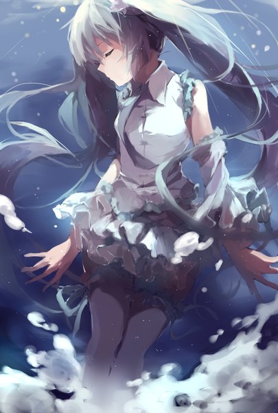 Anime picture 1181x1748 with vocaloid hatsune miku mikuru rumisora single long hair tall image twintails bare shoulders eyes closed aqua hair underwater girl skirt hair ornament water necktie bubble (bubbles)