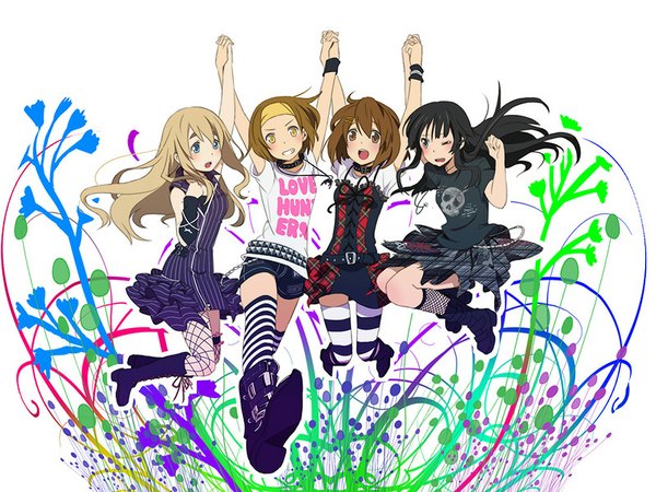 Anime picture 1024x768 with k-on! kyoto animation akiyama mio hirasawa yui kotobuki tsumugi tainaka ritsu hk long hair short hair black hair blonde hair brown hair multiple girls full body holding hands jumping jpeg artifacts fishnet skull print girl