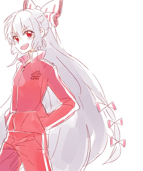 Anime picture 1000x1200 with touhou fujiwara no mokou six (fnrptal1010) single tall image looking at viewer blush open mouth simple background red eyes white background very long hair :d grey hair alternate costume hands in pockets >:d brand name imitation girl uniform