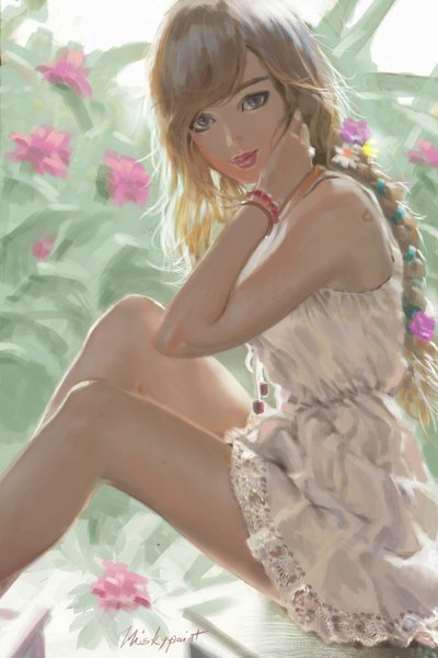 Anime picture 600x900 with original martina (thenightwishmaster) whiskypaint single long hair tall image looking at viewer sitting signed hair flower lips black eyes legs dark hair girl dress hair ornament flower (flowers) white dress