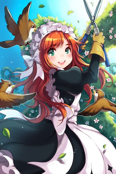 Anime picture 1800x2700 with sword girls wooni single long hair tall image looking at viewer blush highres smile green eyes orange hair maid girl dress bow animal headdress bird (birds) maid headdress