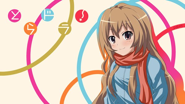 Anime picture 1000x566 with toradora j.c. staff aisaka taiga single long hair looking at viewer blush smile brown hair wide image brown eyes girl scarf