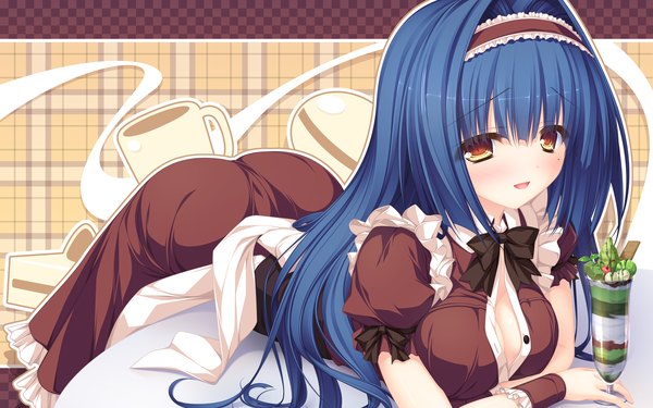 Anime picture 2560x1600 with justy nasty whirlpool (studio) ootsuki karin mikagami mamizu single long hair highres open mouth light erotic wide image brown eyes blue hair cleavage maid girl dress hairband