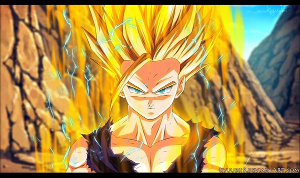 Anime picture 1280x763 with dragon ball dragon ball z son gohan kyuubii9 single long hair blonde hair wide image sky aqua eyes coloring torn clothes magic portrait muscle electricity boy fire