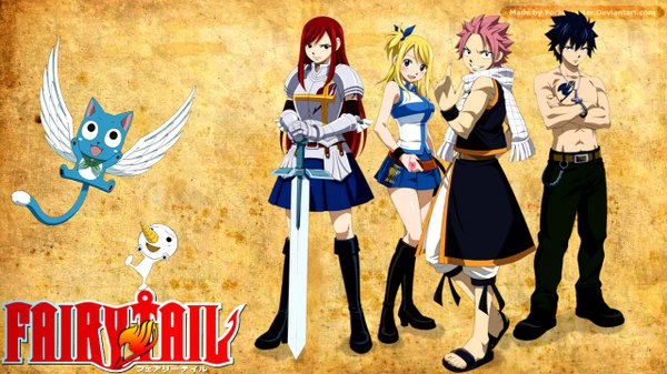 Anime picture 1280x720 with fairy tail lucy heartfilia erza scarlet natsu dragneel gray fullbuster happy (fairy tail) plue yorkemaster long hair blush short hair open mouth black hair blonde hair smile wide image multiple girls brown eyes pink hair red hair